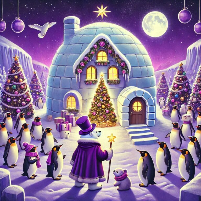digitale kunst, lila + gold, im weihnachtlich geschmückten Igludorf sind ganz viele Pinguine und Eisbären in Winterkleidung, die sich teilen und den Blick auf ein großes, weihnachtlich geschmücktes Igluhaus für Eisbären, mit weihnachtlichen Figuren im Garten, freigeben. Davor steht ein Pinguin mit Anzug und zeigt es dem Eisbär mit Zauberhut und Zaubermantel. Der Zauberbär staunt