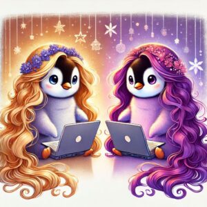 Zwei niedliche Pinguine mit langen Haaren arbeiten an Laptops, umgeben von Sternen – Marketing & Kreativität in Pollys Blog.