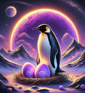 Papa Pinguin beim brüten von 2 Eiern im Mondschein
