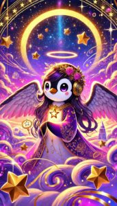 Pinguinmädchen mit Engelsflügel bei den Sternen