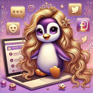 Ein süßer Pinguin mit langer, goldener Mähne steht auf einem Laptop, umgeben von Social-Media-Icons – Marketing-Wissen mit Polly.
