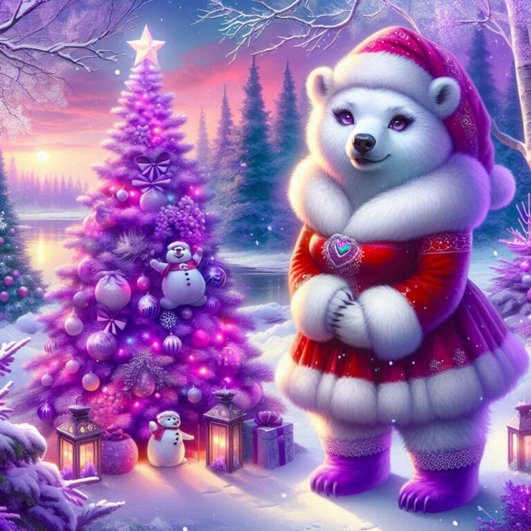 digitale kunst, lila + Eisbär im Weihnachtskleid steht neben Weihnachtsbaum + Weihnachtsdeko im winterlichen Garten