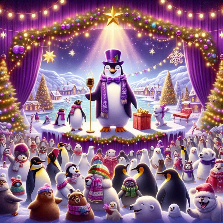 digitale kunst, lila + gold, Weihnachtlich geschmückte Bühne in einem Weihnachtlich geschmückten Igludorf. Papa Pinguin steht im Anzug auf der Bühne, Vor der Bühne stehen winterlich gekleidete Pinguine, Eisbären und Robben.