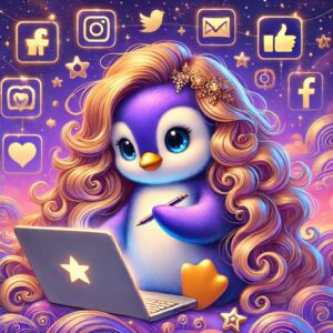 Pingiun Polly mit einem Laptop.Um sie herum fliegen Social Media Icons.