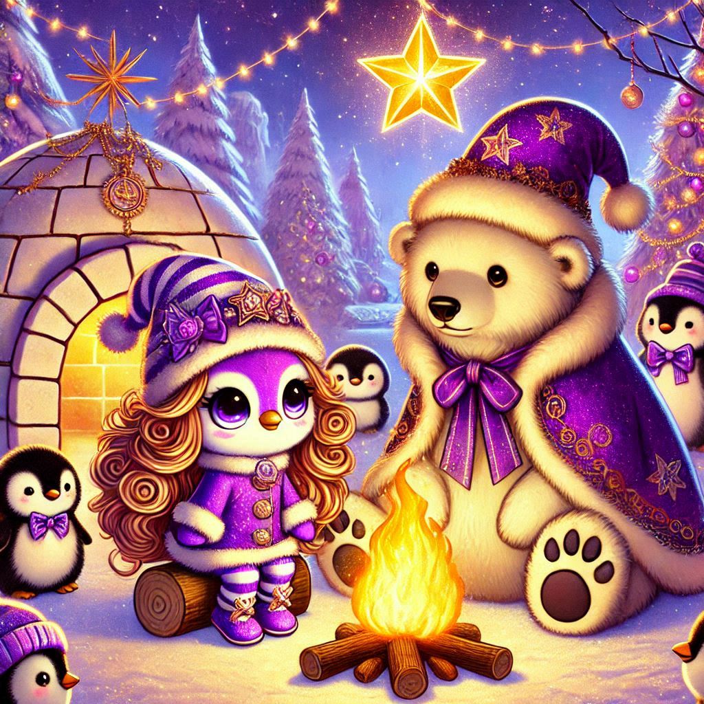 digitale kunst, lila + gold, 1 kleiner, weiblicher, lila Pinguin mit langen, goldenen Locken im Winteroutfit + 1 großer trauriger Eisbär als Zauberer mit Zauberhut und Zaubermantel, sitzen im weihnachtlich geschmückten Igludorf am großen Lagerfeuer, umgeben von anderen Eisbären und Pinguine in Winterkleidung + der Stern der Weihnacht schickt einen magischen Strahl in den Ort