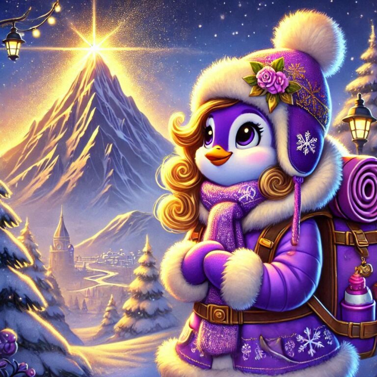Polly im Winteroutfit mit Blick auf den magischen Berg, dessen Spitze hell leuchtet