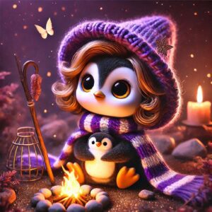 Polly Pinguin vor dem Lagerfeuer mit verträumten Blick zum Sternenhimmel