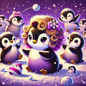 Polly Pinguin bei einer Schneeballschlacht mit ihren Freunden