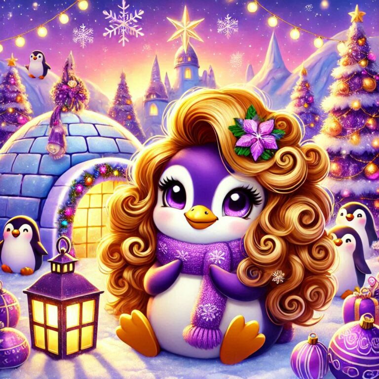 Polly Pinguin vor dem weihnachtlich geschmückten Dorf