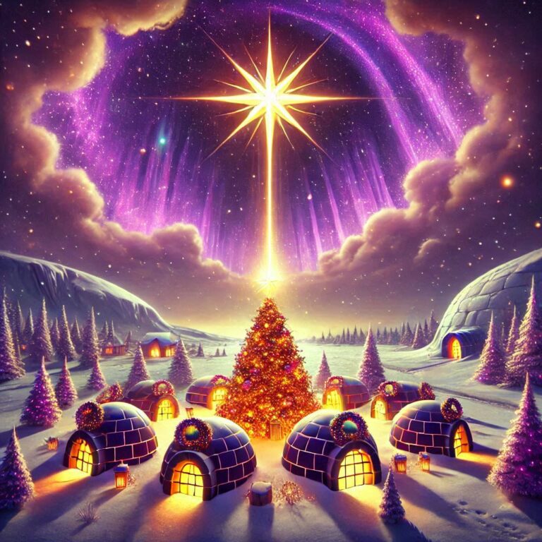 digitale kunst, lila + gold, verzauberter Stern der Weihnacht über dem Nordpol der einen langen, magischen Strahl in Richtung des Marktplatzes eines großen, weihnachtlich geschmückten Igludorf schickt, in dem bekleidete Pinguine, Eisbären und Robben zusammen wohnen