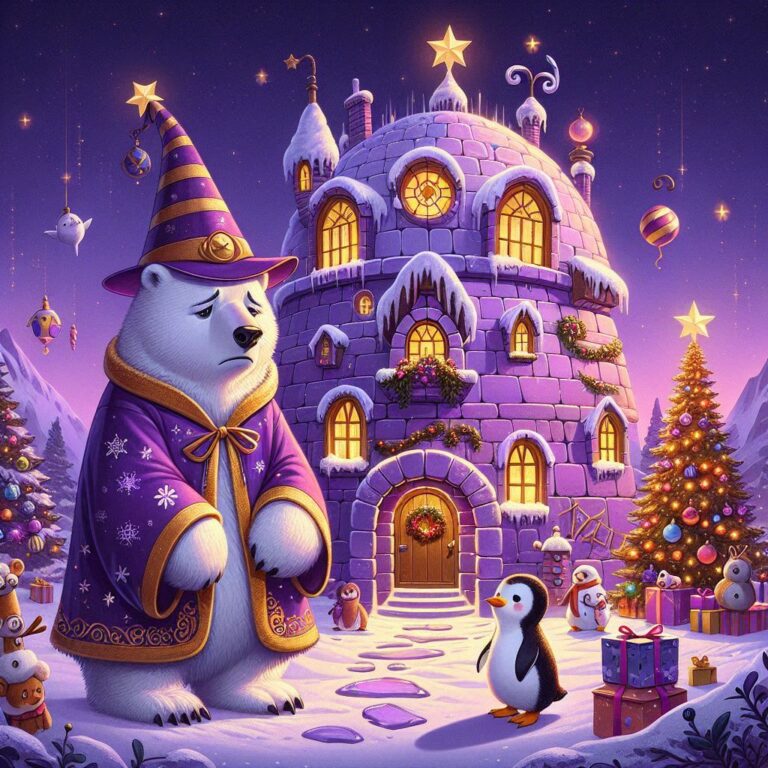 digitale kunst, lila + gold, ein traurig guckender Eisbär mit Zauberhut und Zaubermantel steht vor dreistöckigem& weihnachtlich geschmücktem Igluhaus mit Giebel über der Eingangstür, rundes Dach, Weihnachtsdekorationen im Garten