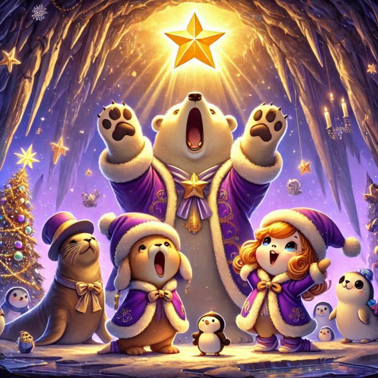 digitale kunst, lila + gold, eine Höhle, magisch erleuchtet +1 kleiner, weiblicher, Pinguin mit langen goldenen Löckchen im Winteroutfit + 1 kleiner Eisbär im Winteroutfit + 1 kleine Robbe im Winteroutfit + 1 kleiner Pinguin im Winteroutfit sahen aufgeregt dabei zu, wie der Stern der Weihnacht durch eine große Öffnung an der Höhlenkuppe schwebte und weiter Richtung Himmel flog. in der Mitte steht ein weinender Eisbär mit Zauberhut und Zauberumhang, und streckt die Pfoten hoch zum zaubern