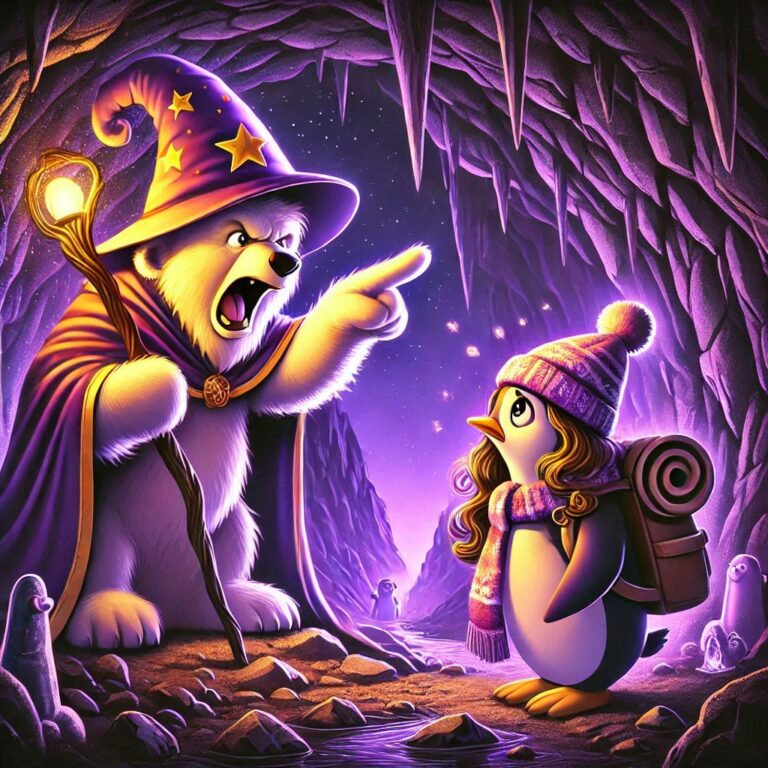 digitale kunst, lila + gold, eine Höhle, magisch erleuchtet +in der Mitte steht ein weinender Zauberer-Eisbär mit Zauberhut und Zauberumhang und zeigt sauer und traurig auf Polly Pinguin,1 weiblicher lilaner Pinguin mit langen goldenen Löckchen in winteroutfit und wanderrucksack, die erschrocken zum Eisbär aufschaut