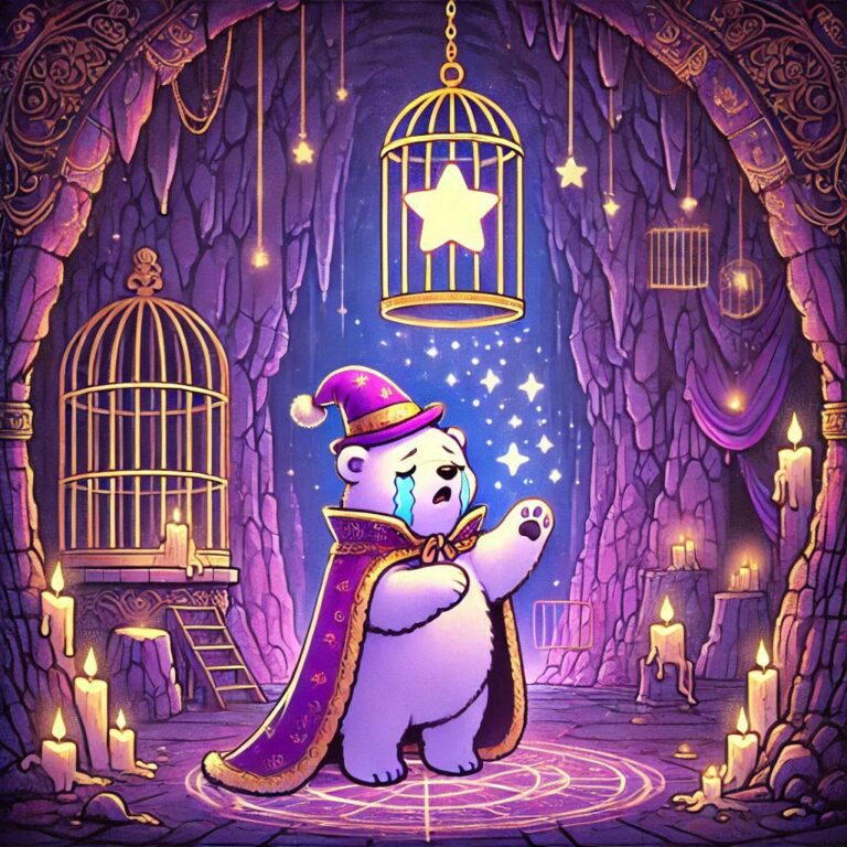 digitale kunst, lila + gold, Polly Pinguin,1 lila Pinguinmädchen mit goldene Löckchen im winteroutfit und wanderrucksack + eine Höhle, magisch erleuchtet, in der Mitte steht ein Eisbär als Zauberer und streckt die Pfoten hoch + über dem Eisbär schwebt ein Vogelkäfig mit einem Stern drin