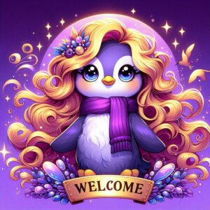 Polly Pinguin mit einem Willkommensschild