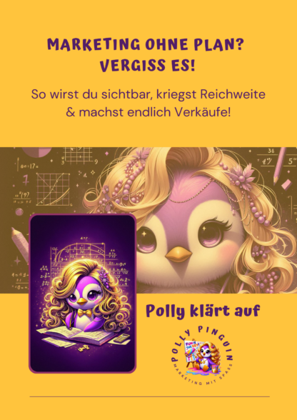 Marketing-Guide von Polly Pinguin mit einer illustrierten Pinguinfigur mit blonden Haaren, umgeben von mathematischen Formeln.