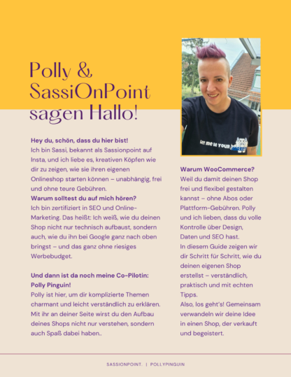 SassiOnPoint stellt sich vor, mit einer persönlichen Begrüßung und Infos zum WooCommerce-Guide, begleitet von Polly Pinguin.