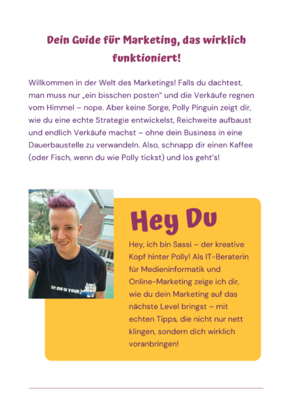 Foto von Sassi, der kreativen Kopf hinter Polly Pinguin, mit pink-lila Haaren und einem schwarzen Shirt.