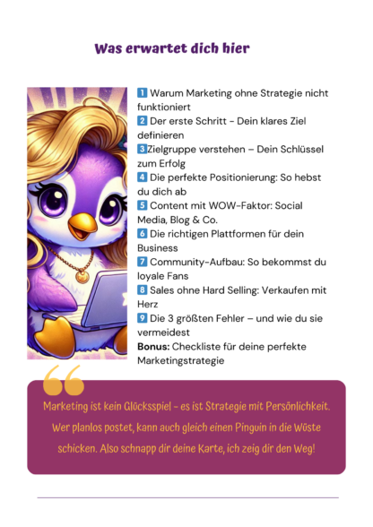 Illustrative Darstellung von Polly Pinguin mit Laptop, umgeben von einer Liste mit den Kapiteln des Marketing-Guides.