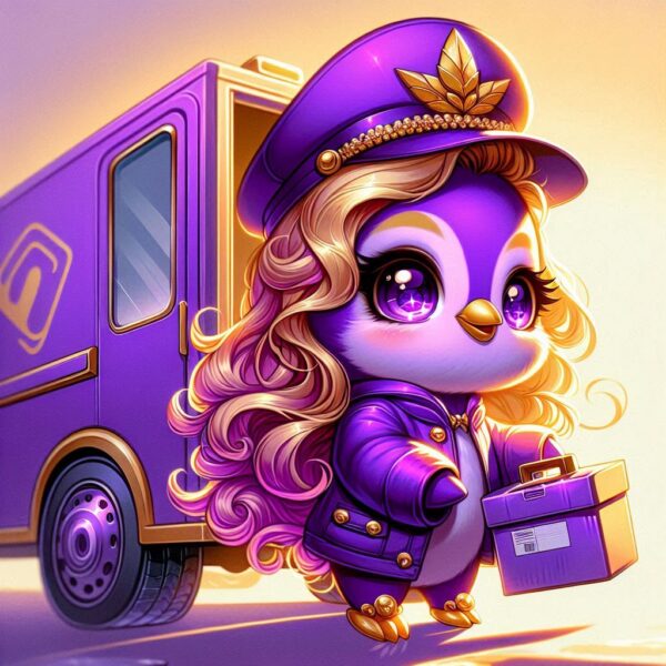 Illustration von Polly Pinguin als stylische Lieferbotin mit goldverzierter lila Uniform, die ein Paket hält. Im Hintergrund steht ein lilafarbener Lieferwagen.