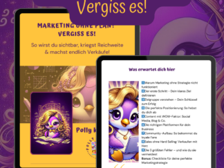 Cover des Marketing-Guides mit Polly Pinguin, die in ein Buch schaut, umgeben von strategischen Marketing-Elementen.