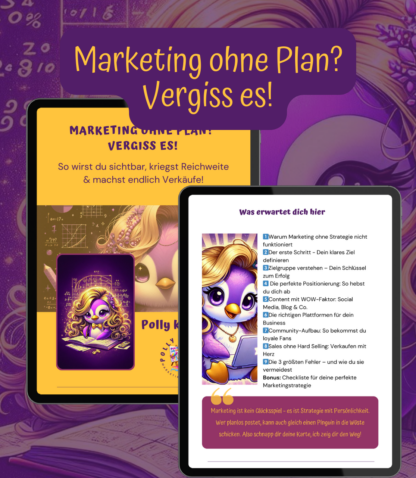 Cover des Marketing-Guides mit Polly Pinguin, die in ein Buch schaut, umgeben von strategischen Marketing-Elementen.