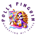 Logo von Polly Pinguin mit einer illustrierten Pinguinfigur mit blonden Locken, die kreativ mit Farbe arbeitet. Der Slogan „Fun is the Key!“ steht auf einer Leinwand.