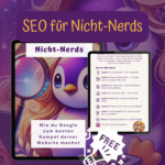 Cover des SEO-Guides mit Polly Pinguin, die durch eine Lupe schaut und eine Website-Optimierung erkundet.