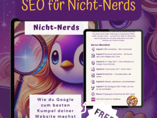 Cover des SEO-Guides mit Polly Pinguin, die durch eine Lupe schaut und eine Website-Optimierung erkundet.
