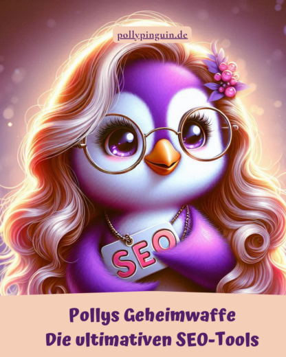 Lila Pinguin mit langen Haaren und Brille, hält ein Schild mit der Aufschrift "SEO", Titel: Pollys Geheimwaffe – Die ultimativen SEO-Tools