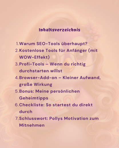 Inhaltsverzeichnis mit 7 Kapiteln zu SEO-Tools, auf rosa Hintergrund mit Pinguin-Illustration