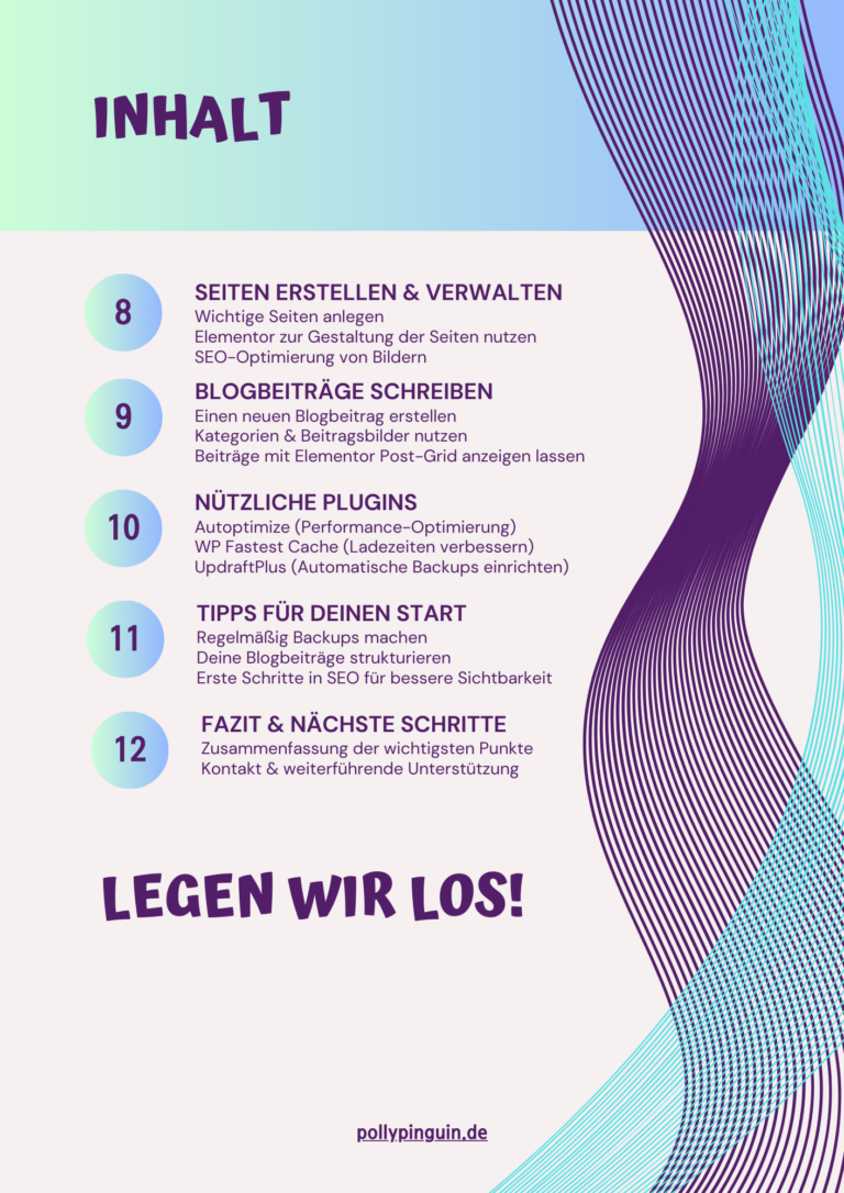 Inhaltsverzeichnis des Guides „Dein Blog, Dein Zuhause“ mit den Kapiteln 8 bis 12.