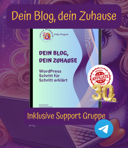 Cover des E-Books „Dein Blog, Dein Zuhause“ mit Hinweis auf eine exklusive Telegram-Support-Gruppe.
