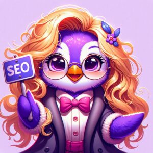 Fröhlicher lila Pinguin Polly mit blonden Haaren und Brille, hält ein Schild mit der Aufschrift "SEO" – niedlicher Comic-Stil
