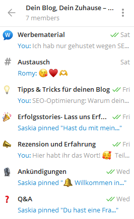 creenshot der Telegram-Gruppe „Dein Blog, Dein Zuhause – Community“ mit verschiedenen Themenkanälen rund um Blogging, SEO und Erfolgsgeschichten.
